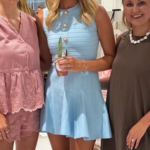 Elliatt Sky Blue Sleeveless Pleated Mini Dress with Pearl Buttons